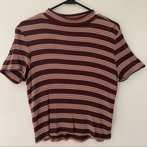 brown/pink/white striped short sleeve shirt